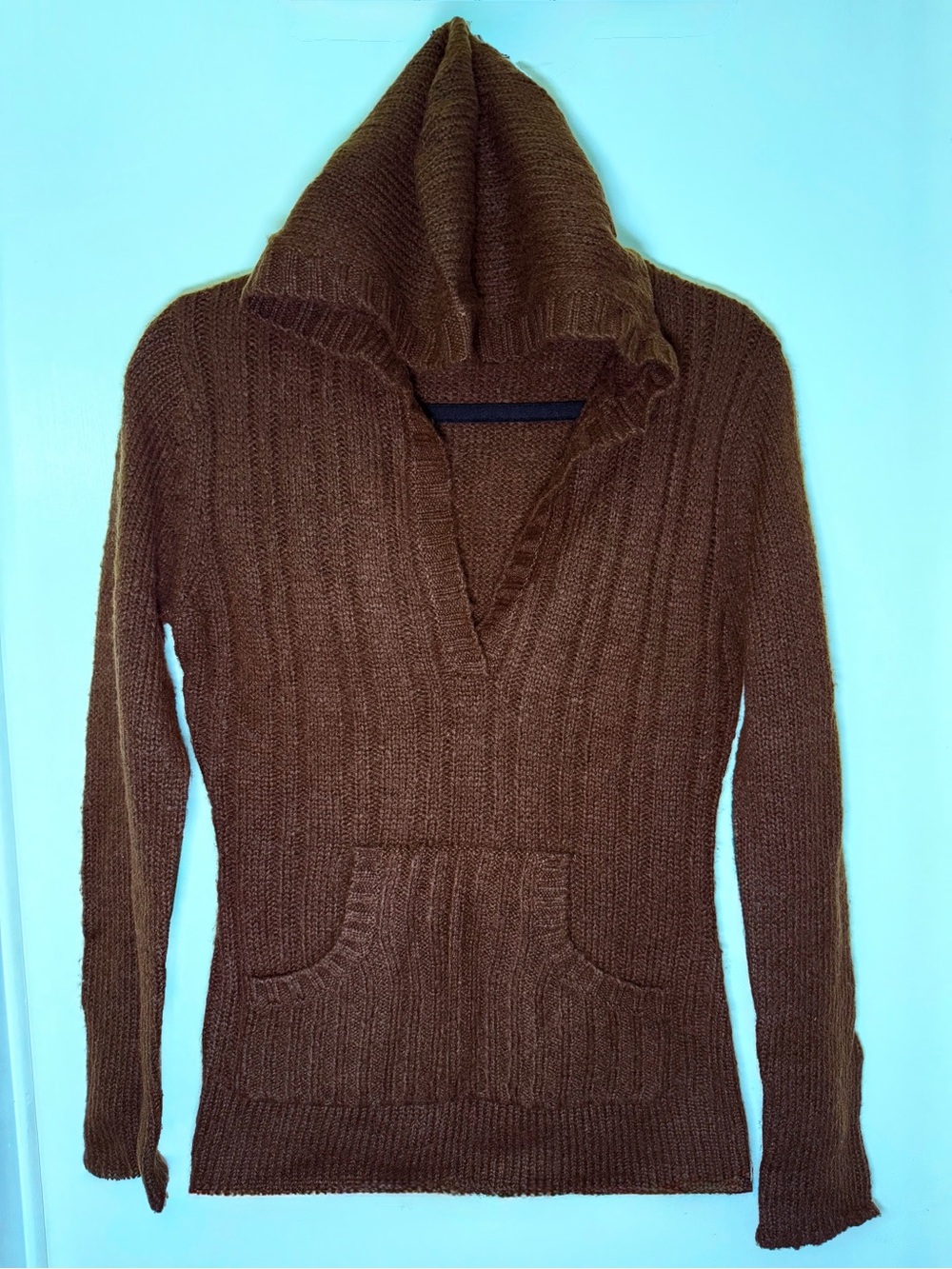 Women’s Chocolate Brown Hooded V-Neck Sweater with Pockets